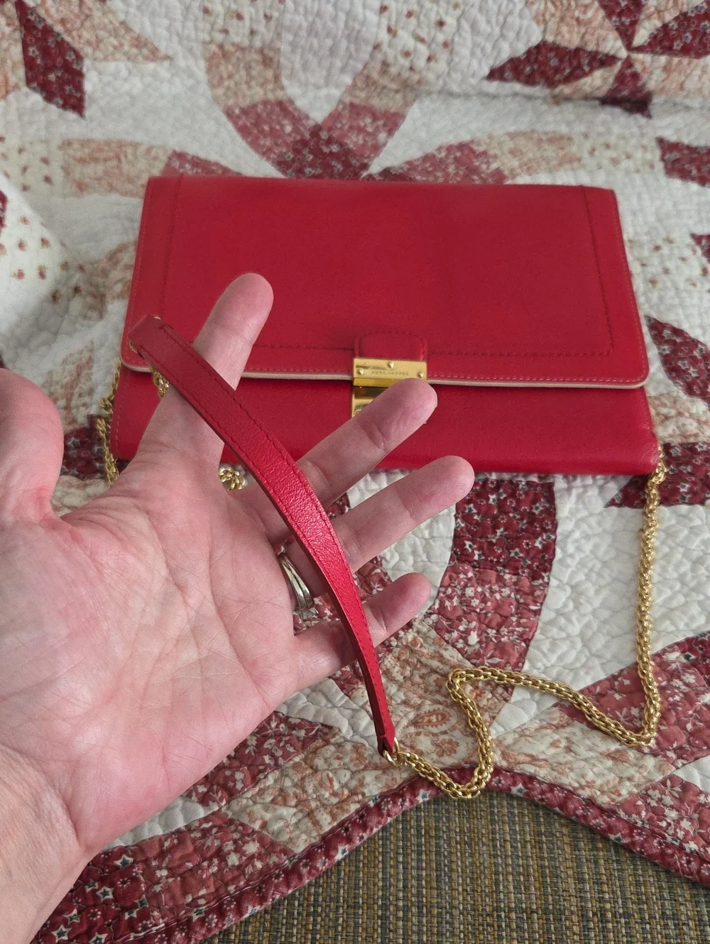 Marc Jacobs Red Leather Crossbody Bag Clutch Wallet with Removable Gold Chain